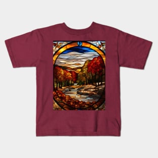 Stained Glass Window Of Autumn Scene Kids T-Shirt